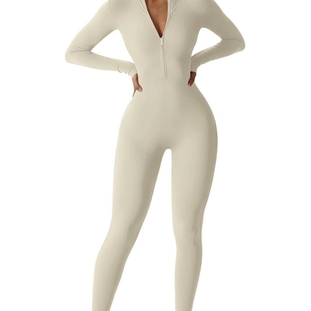 Women Long Sleeve Workout Jumpsuit Zip Up Romper Bottom Pants Bodysuit